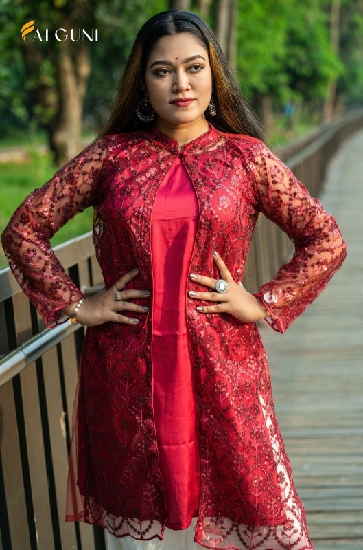 Luxurious Red Embroidered Koti & Inner Dress Set - Festive Wear