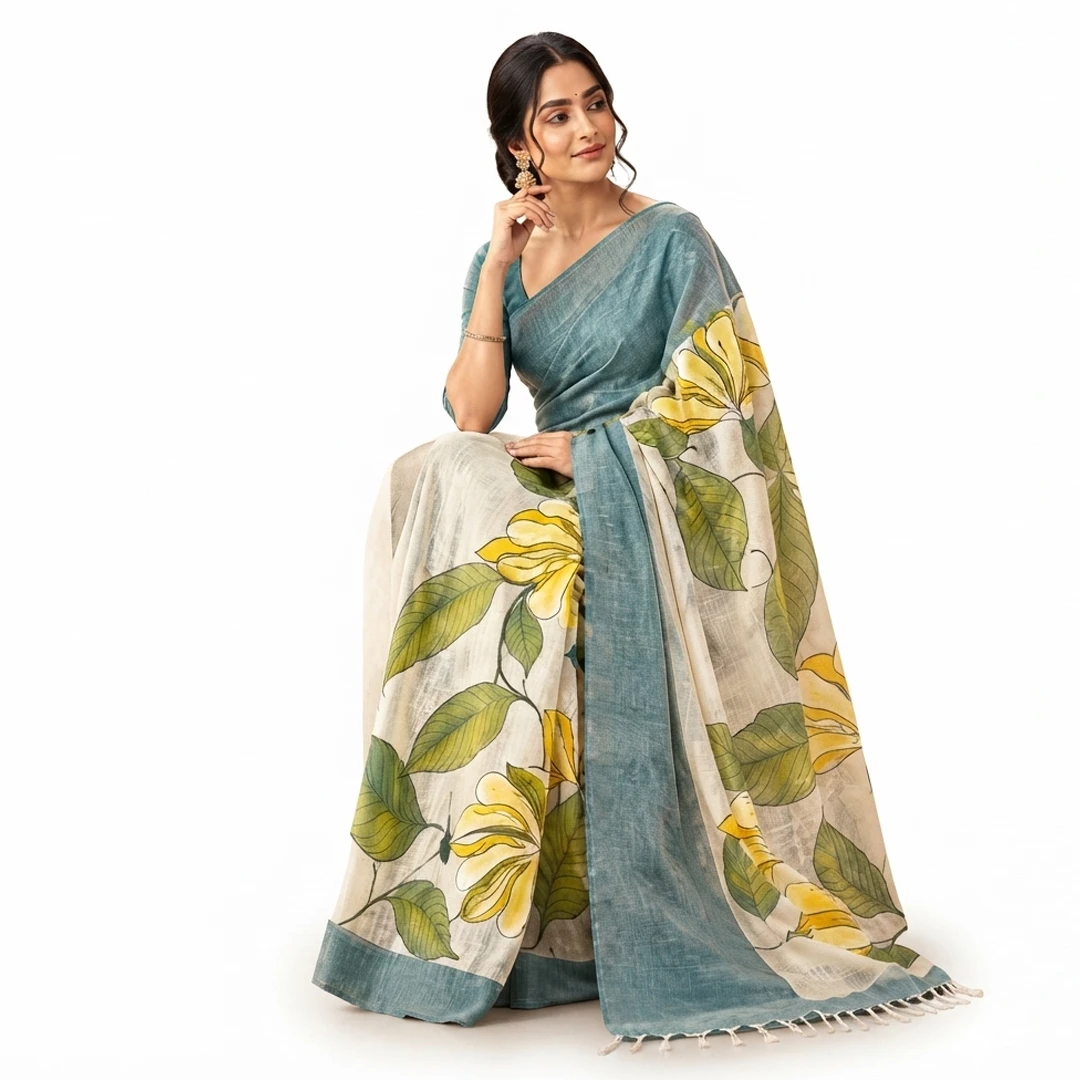 সঞ্চারী খাদি আঁচলের তাঁতের সুতি শাড়ি | Aqua Hand Painted Cotton Saree | ১৪.৫ হাত